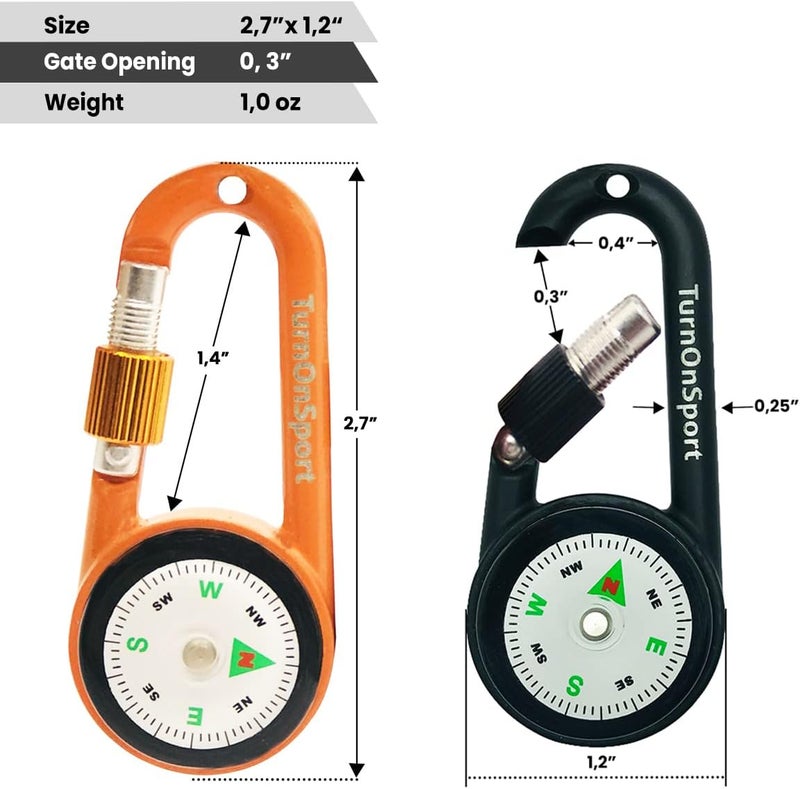 TurnOnSport Carabiner Clip On Compass Hiking - Compact Compass Keychain Backpacks | Small Pocket Magnetic Compass Keychain for Kids - Hiking Compass Twist Lock | Keyring Keychains Outdoor Survival Camping 2 pcs - Image 3
